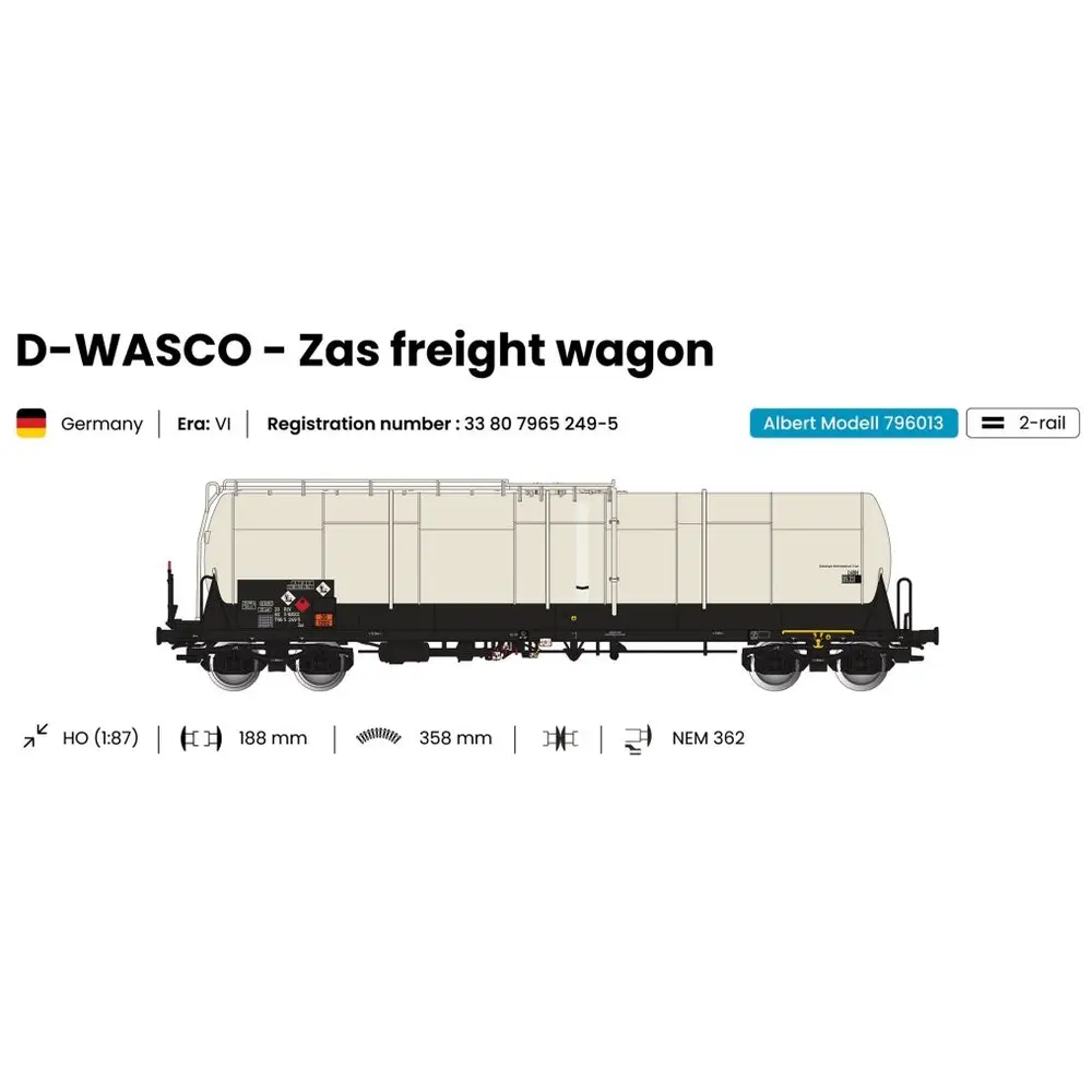 Wagon citerne grande capacité 85m3 Zas blanc Wascosa - ALBERT MODELL 796013 - EP VI - HO 1/87