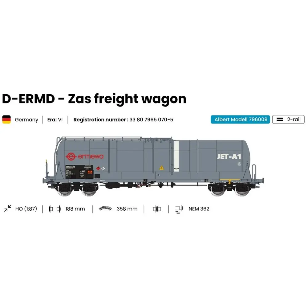 Wagon citerne grande capacité 85m3 Zas gris Ermewa - ALBERT MODELL 796009 - EP VI - HO 1/87