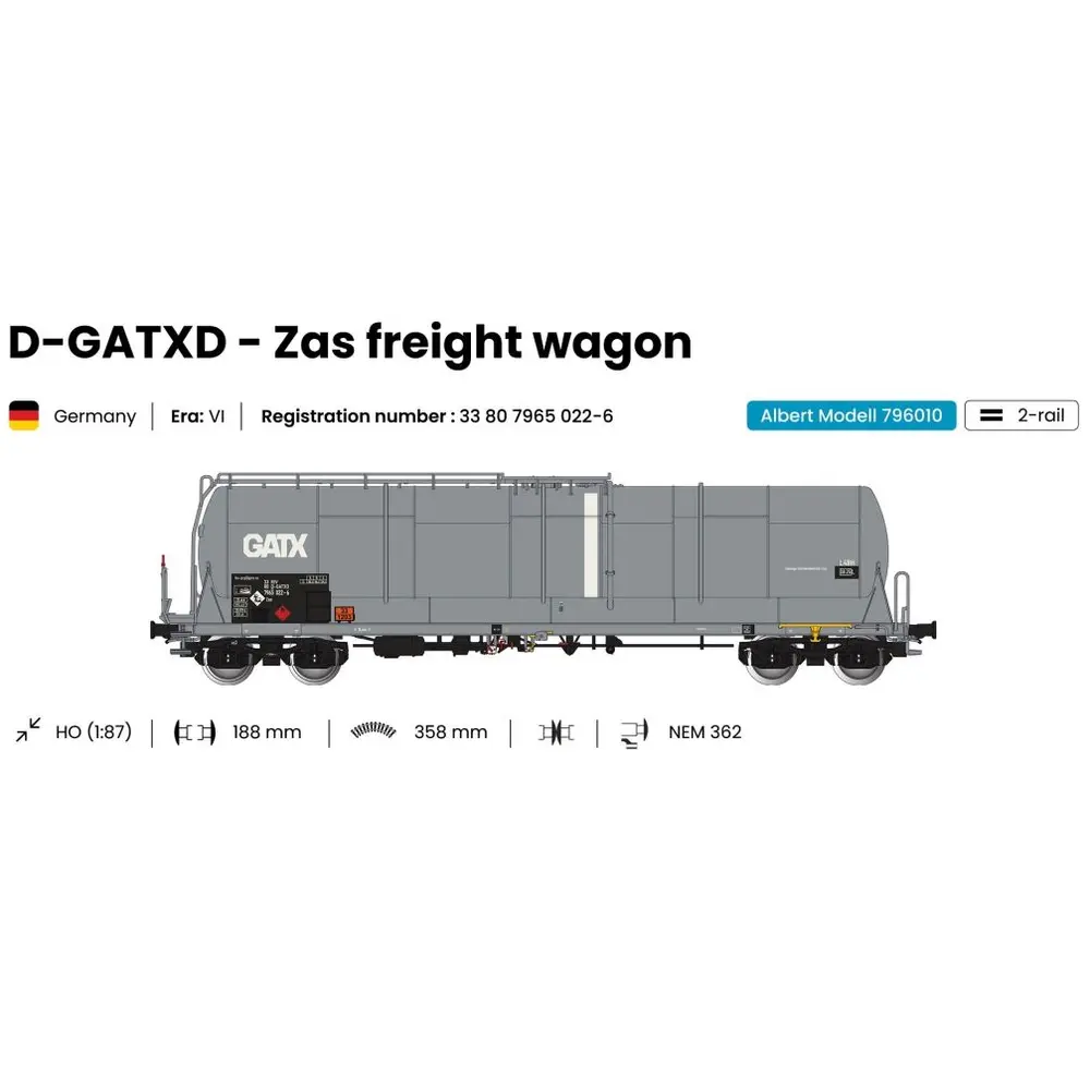 Wagon citerne grande capacité 85m3 Zas gris GATX Ep VI - ALBERT MODELL 796010 - EP VI - HO 1/87