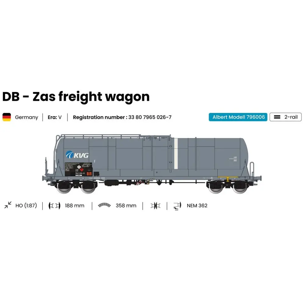 Wagon citerne grande capacité 85m3 Zas gris KVG DB - ALBERT MODELL 796006 - EP VI - HO 1/87