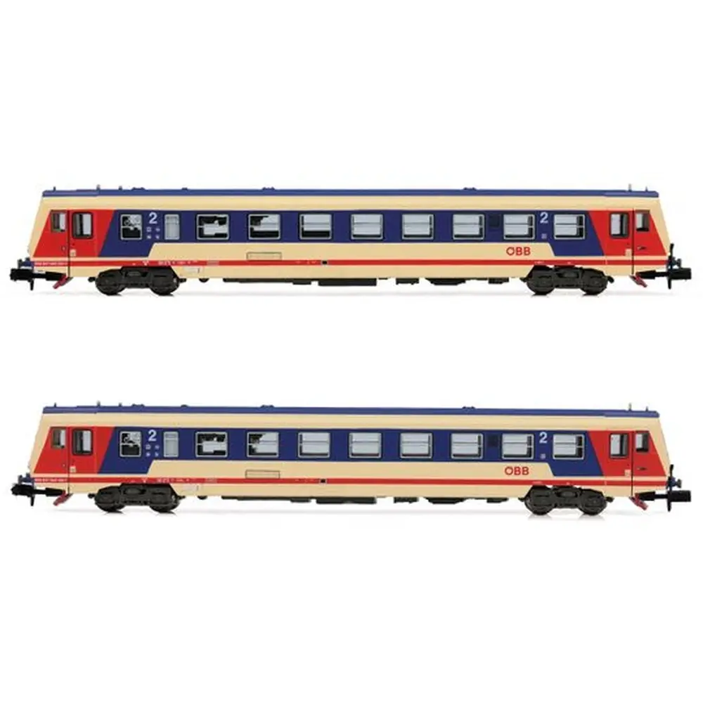 Set de 2 autorails diesels classe 5047 ( motorisé + neutre ), livré rouge/bleu/beige avec nouveau logo « ÖBB » - Arnold HN2522S - N 1/160 - ÖBB - Ep IV/V - Digital sound - 2R