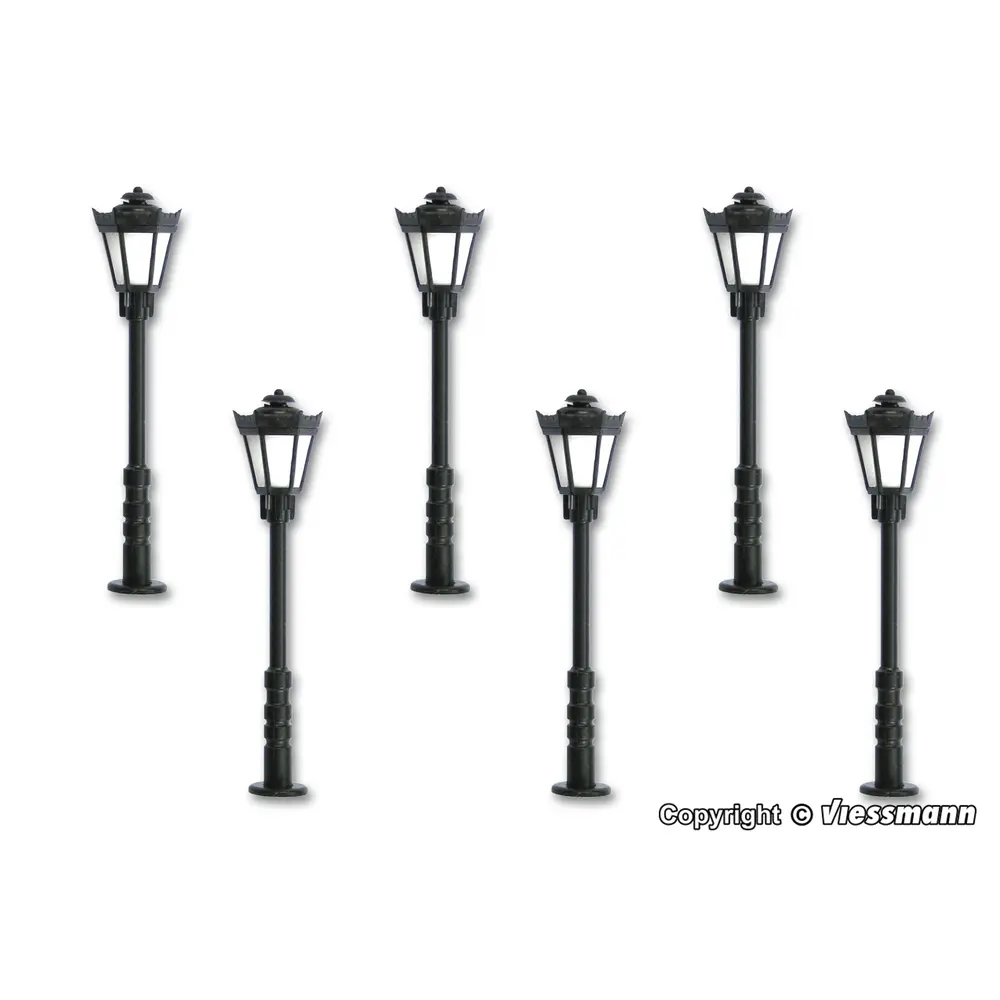 Lot de 6 lanternes de Parc - Hauteur 56mm - LED Blanc Chaud - Viessmann 60706 - HO: 1/87