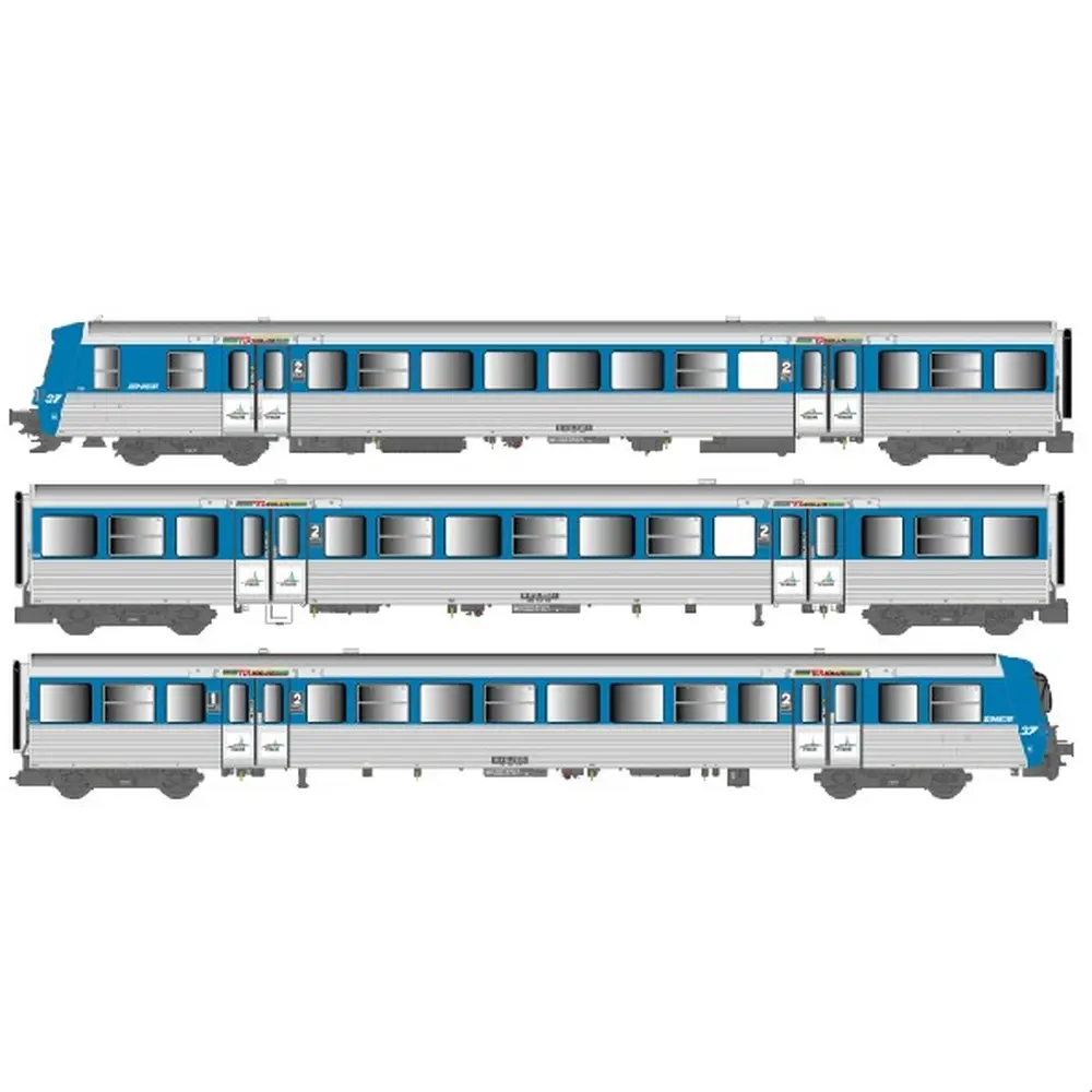 Rame réversible régional RRR, BDx + Bz + AB, TER Rhônes Alpes, bleu / inox, logo nouille, n°37 - EPM 41.49.15 - HO 1/87 - SNCF - Ep IVb-V - Analogique - 2R