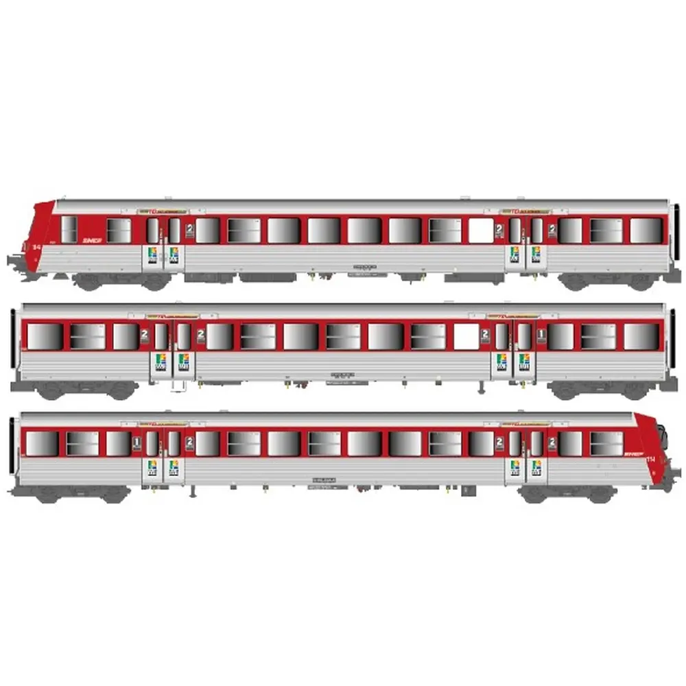 Rame réversible régional RRR, BDx + ABz + AB, Haute Normandie, rouge / inox, logo nouille, n° 114 - EPM 41.09.16 - HO 1/87 - SNCF - Ep IVb-V - Analogique/Digital - 2R