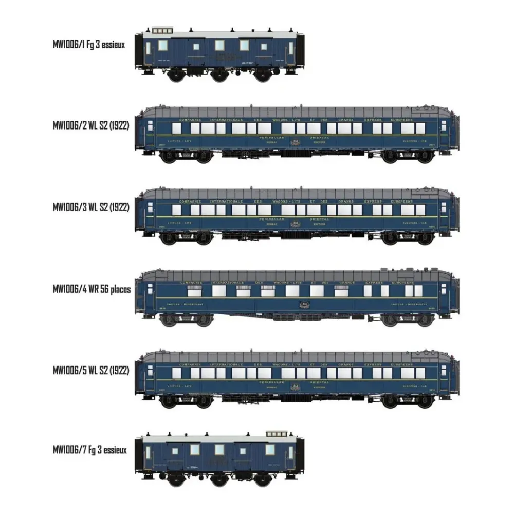Coffret de 6 voitures WL S2, restaurant WR, fourgon Fg "Bombay Express" 1933 avec éclairage - Models World 1006 - HO 1/87 - CIWL - Ep II - 2R