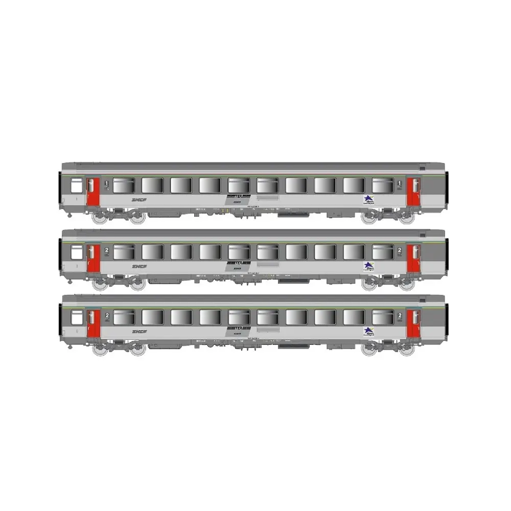 Set de 3 voitures éclairées Corail VTU A10tu, B11tu, B11tux, TER Alsace, logo Nouille - LS Models 41219 - HO 1/87 - SNCF - Ep V - 2R