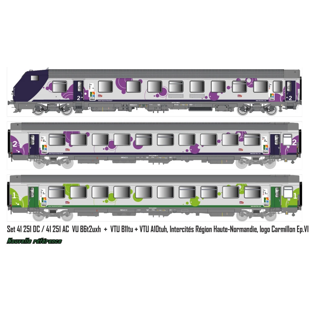 Set de 3 voitures Corail Rever VU + VTU, voiture pilote, Intercités région Haute-Normandie, logo Carmillon - LS Models 41251DC - HO 1/87 - SNCF - Ep VI - 2R