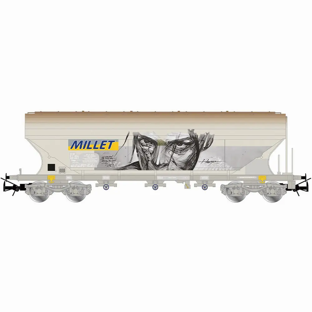 Wagon trémie céréalier à 4 essieux, avec parois latérales lisses, « MILLET », livrée grise avec grafittis - Jouef HJ6319 - HO 1/87 - SNCF - Ep V - 2R