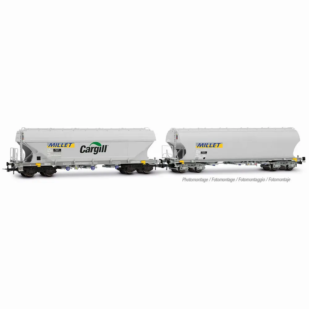 Coffret de 2 wagons trémies céréaliers à 4 essieux, avec parois latérales lisses et bombées, « MILLET », livrée grise - Jouef HJ6320 - HO 1/87 - SNCF - Ep VI - 2R