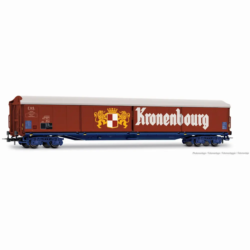 Wagon à parois coulissantes à 4 essieux type Habis, « Kronenbourg », chassis bleu - Jouef HJ6322 - HO 1/87 - SNCF - Ep IV - 2R