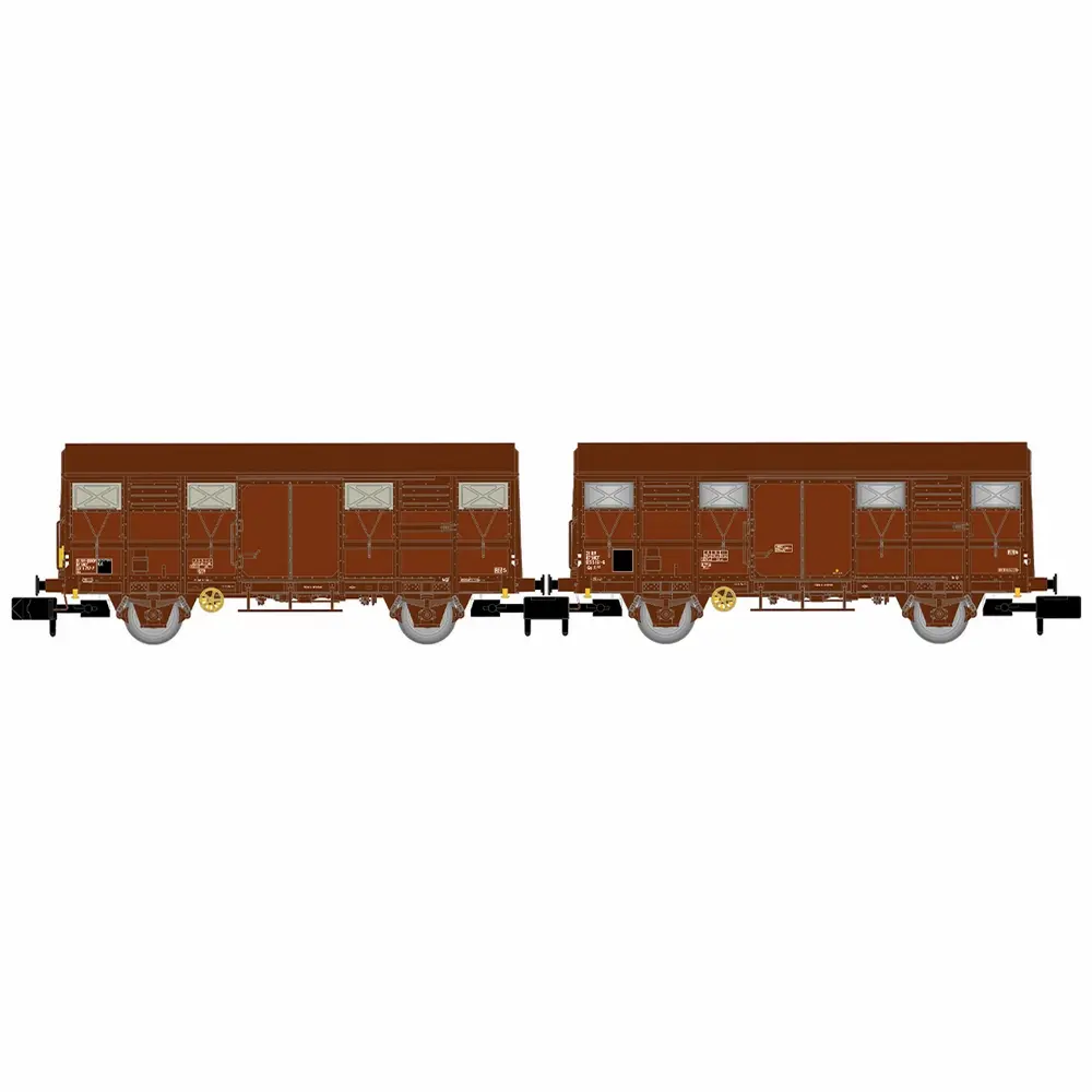 Coffret de 2 wagons couverts type Gs, livrée marron, dont un avec feux de fin de convoi - Arnold HN6717 - N 1/160 - SNCF - Ep IV - 2R