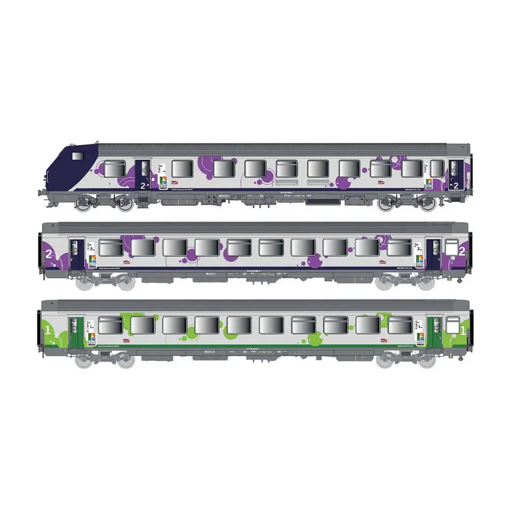 Set de 3 voitures Corail Rever Vu + VTu, voiture pilote, Intercités région Haute-Normandie, logo Carmillon - LS Models 41251AC - HO 1/87 - SNCF - Ep VI - 3R