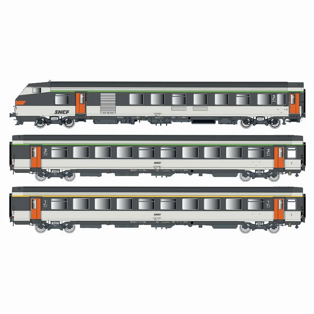 Rame réversible 3 voitures corail Rever Vu + VTu, livrée Corail d’origine, logo encadré - LS Models 41250AC - HO 1/87 - SNCF - Ep IV - 3R