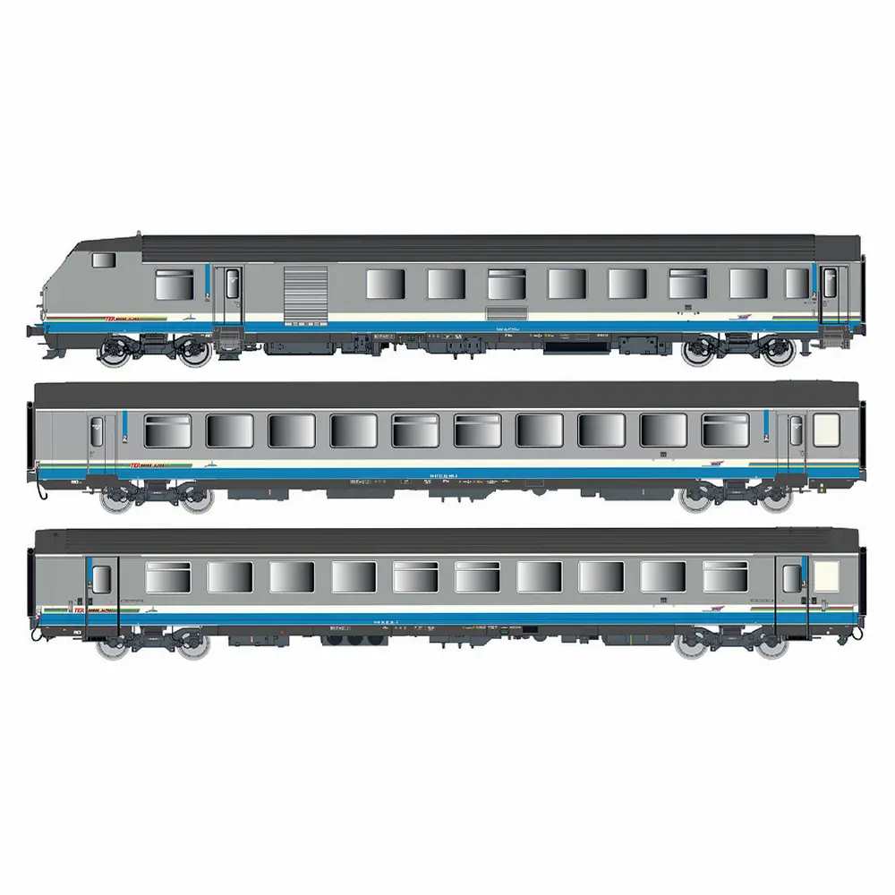 Rame réversible 3 voitures Corail Rever Vu + VTu, livrée TER Rhône-Alpes, logo Casquette - LS Models 41253DC - HO 1/87 - SNCF - Ep V - 2R