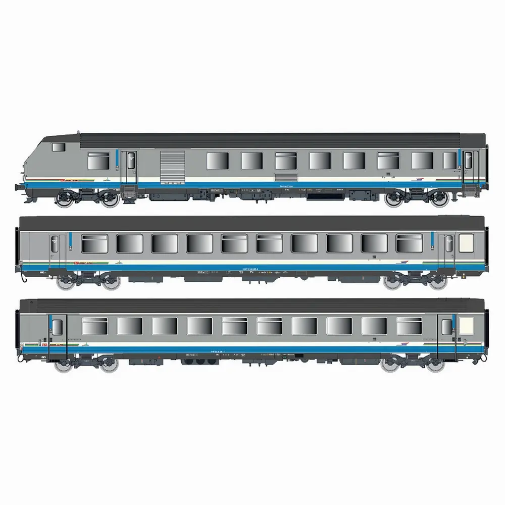 Rame réversible 3 voitures Corail Rever Vu + VTu, livrée TER Rhône-Alpes, logo Casquette - LS Models 41253AC - HO 1/87 - SNCF - Ep V - 3R 