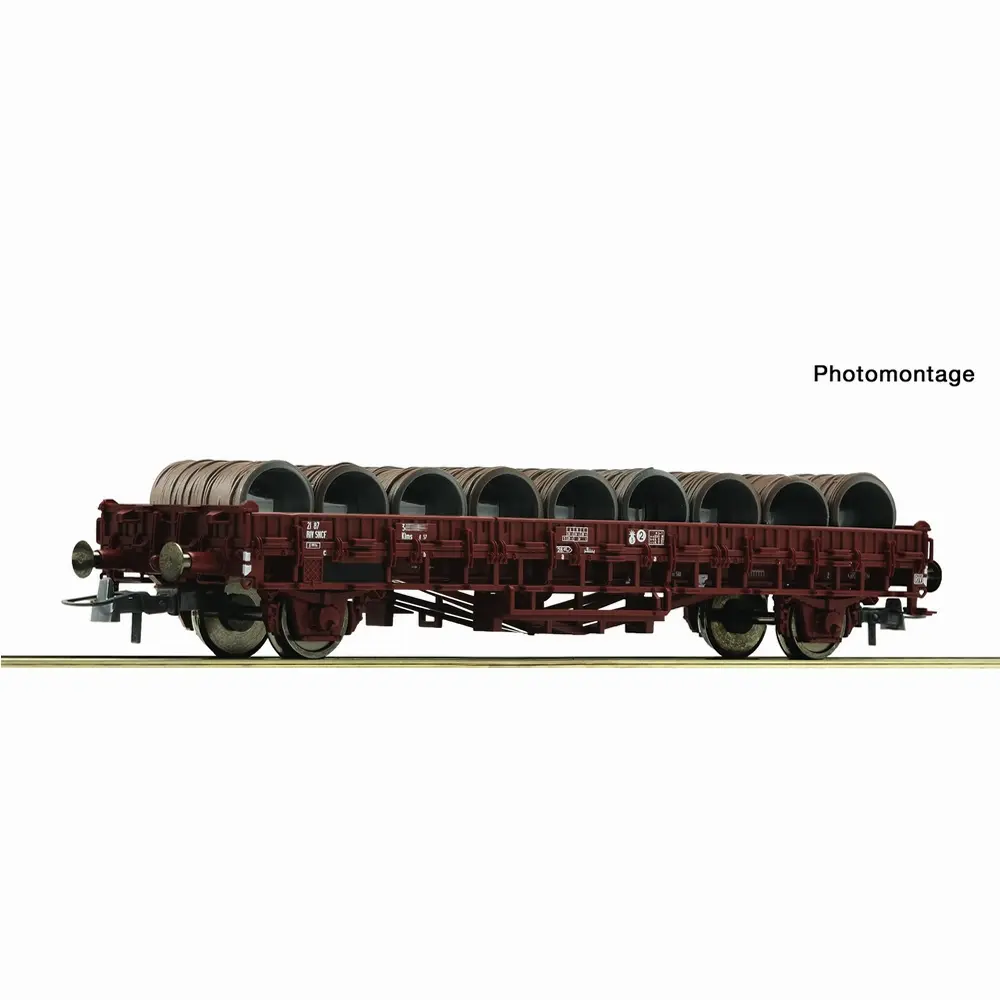Wagon plat type Klms chargé de bobines de fil métallique - Roco 6600300 - HO 1/87 - SNCF - Ep IV - 2R