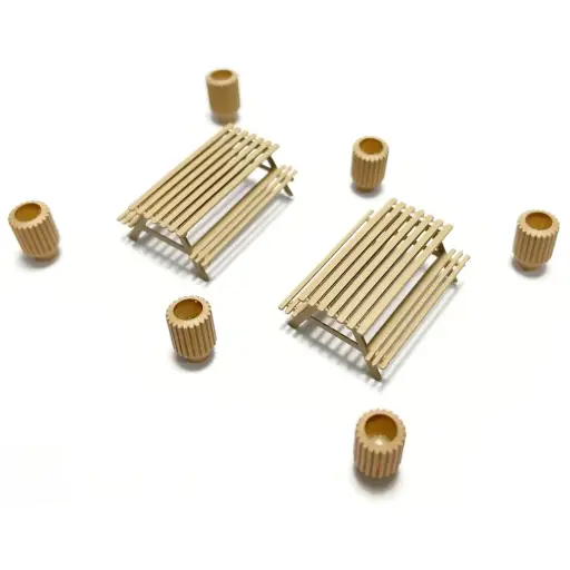 [87T221024] 6 poubelles et 2 tables de pique-nique - 87Train 221024 - HO 1/87