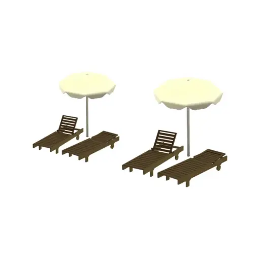 [87T221126] Chaises longues en bois et parasol - 87Train 221126 - HO 1/87