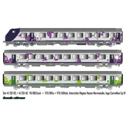 [LS41251DC] Set de 3 voitures Corail Rever VU + VTU, voiture pilote, Intercités région Haute-Normandie, logo Carmillon - LS Models 41251DC - HO 1/87 - SNCF - Ep VI - 2R