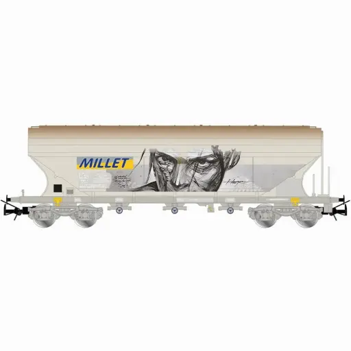 [HJ6319] Wagon trémie céréalier à 4 essieux, avec parois latérales lisses, « MILLET », livrée grise avec grafittis - Jouef HJ6319 - HO 1/87 - SNCF - Ep V - 2R