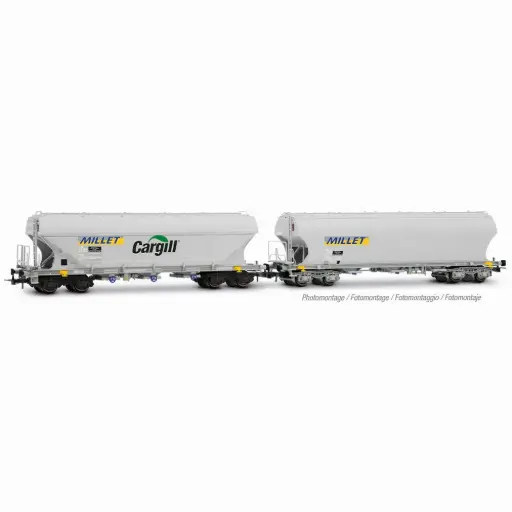 [HJ6320] Coffret de 2 wagons trémies céréaliers à 4 essieux, avec parois latérales lisses et bombées, « MILLET », livrée grise - Jouef HJ6320 - HO 1/87 - SNCF - Ep VI - 2R