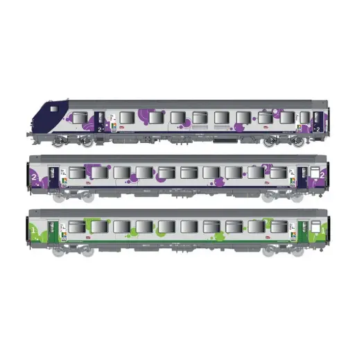 [LS41251AC] Set de 3 voitures Corail Rever Vu + VTu, voiture pilote, Intercités région Haute-Normandie, logo Carmillon - LS Models 41251AC - HO 1/87 - SNCF - Ep VI - 3R