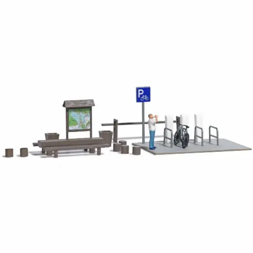 [BU79824] Aire de stationnement vélo avec banc et panneau d’information - Busch 79824 - HO 1/87