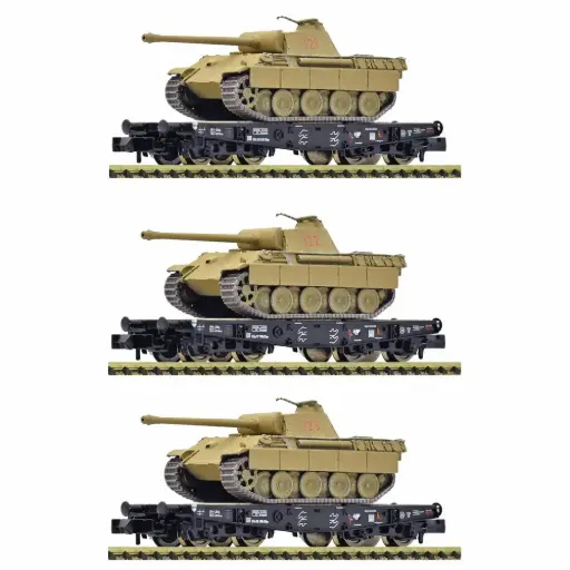 [FL845606] Set de 3 wagons plats pour le transport de charges lourdes, chargés chars Panther - Fleischmann 845606 - N 1/160 - DRB - Ep II - 2R