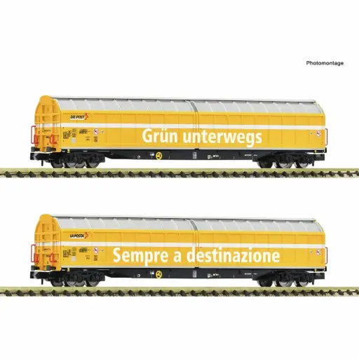 [FL6660155] Set de 2 wagons à parois coulissantes de grande capacité à 4 essieux « Die Post » Habbiillnss Wascosa Poste Suisse SA - Fleischmann 6660155 - N 1/160 - Privée - Ep VI - 2R