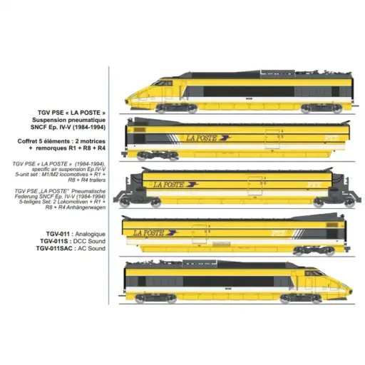 [RETGV011SAC] TGV PSE « La Poste » 5 éléments, motrices + remorques R1, R8, R4, suspension pneumatique - Ree Modèles TGV011SAC - HO 1/87 - SNCF - Ep IV-V - Digital sound - 3R