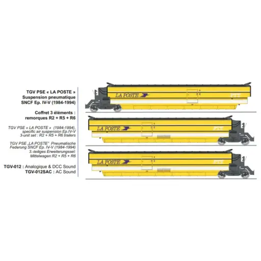 [RETGV012] Set de 3 voitures complémentaires TGV PSE « La Poste » remorques R2, R5, R6, suspension pneumatique - Ree Modèles TGV012 - HO 1/87 - SNCF - Ep IV-V - 2R