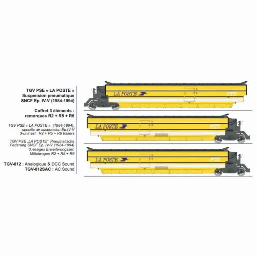 [RETGV012SAC] Set de 3 voitures complémentaires TGV PSE « La Poste » remorques R2, R5, R6, suspension pneumatique - Ree Modèles TGV012SAC - HO 1/87 - SNCF - Ep IV-V - 3R