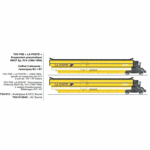 [RETGV013SAC] Set de 2 voitures complémentaires TGV PSE « La Poste » remorques R3, R7, suspension pneumatique - Ree Modèles TGV013SAC - HO 1/87 - SNCF - Ep IV-V - 3R