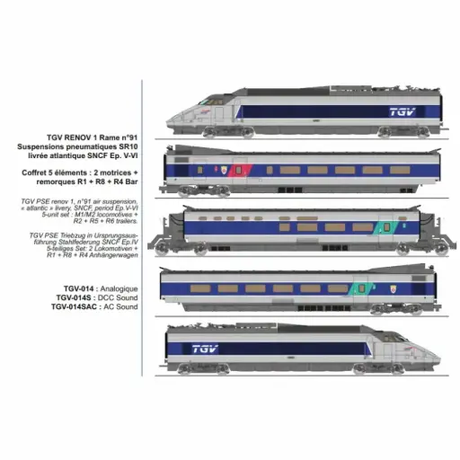 [RETGV014] TGV RENOV 1 rame n°91 SR10 livrée atlantique, 5 éléments : 2 motrices + remorques R1 + R8 + R4 bar, suspensions pneumatiques - Ree Modèles TGV014 - HO 1/87 - SNCF - Ep V-VI - Analogique - 2R