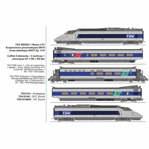 [RETGV014S] TGV RENOV 1 rame n°91 SR10 livrée atlantique, 5 éléments : 2 motrices + remorques R1 + R8 + R4 bar, suspensions pneumatiques - Ree Modèles TGV014S - HO 1/87 - SNCF - Ep V-VI - Digital sound - 2R
