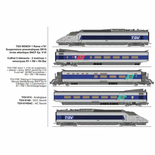 [RETGV014SAC] TGV RENOV 1 rame n°91 SR10 livrée atlantique, 5 éléments : 2 motrices + remorques R1 + R8 + R4 bar, suspensions pneumatiques - Ree Modèles TGV014SAC - HO 1/87 - SNCF - Ep V-VI - Digital sound - 3R