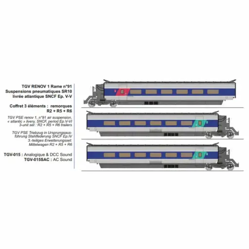 [RETGV015] Set de 3 voitures complémentaires TGV RENOV 1 rame n°91 SR10 livrée Atlantique, suspensions pneumatiques - Ree Modèles TGV015 - HO 1/87 - SNCF - Ep V-VI - 2R
