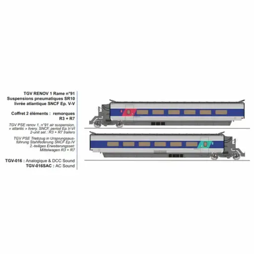 [RETGV016SAC] Set de 2 voitures complémentaires TGV RENOV 1 rame n°91, SR10 livrée Atlantique, remorques R3 + R7, suspensions pneumatiques - Ree Modèles TGV016SAC - HO 1/87 - SNCF - Ep V-VI - 3R