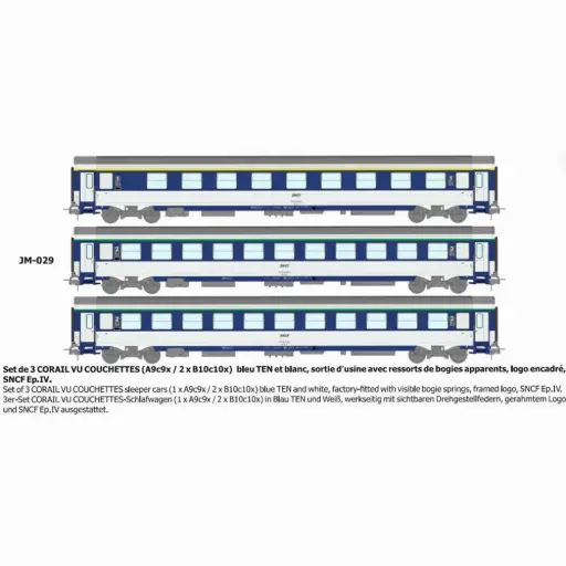 [REJM029] Set de 3 voitures couchettes Corail VU (A9c9x / 2 x B10c10x) bleu TEN et blanc, logo encadré, ressort d'origine - Ree Modèles JM029 - HO 1/87 - SNCF - Ep IV - 2R
