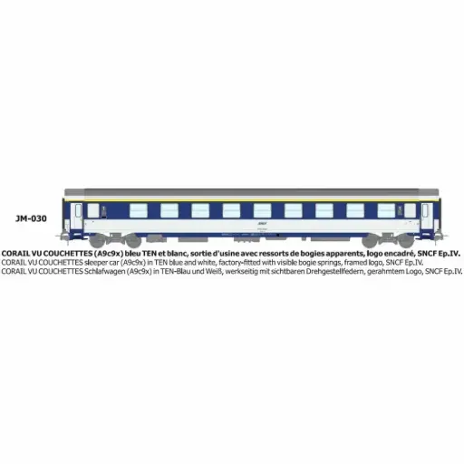 [REJM030] Voiture couchettes Corail VU A9c9x bleu TEN et blanc, logo encadré, ressort d'origine - Ree Modèles JM030 - HO 1/87 - SNCF - Ep IV - 2R