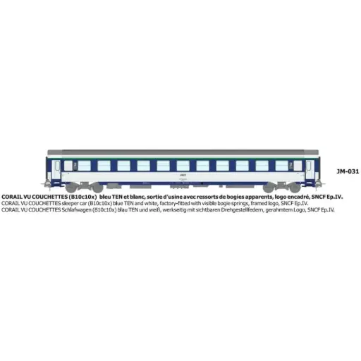 [REJM031] Voiture couchettes Corail VU B10c10x bleu TEN et blanc, logo encadré, ressort d'origine - Ree Modèles JM031 - HO 1/87 - SNCF - Ep IV - 2R
