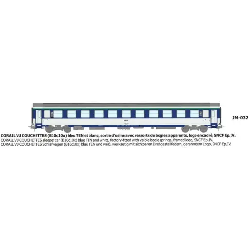 [REJM032] Voiture couchettes Corail VU B10c10x bleu TEN et blanc, logo encadré, ressort d'origine - Ree Modèles JM032 - HO 1/87 - SNCF - Ep IV - 2R