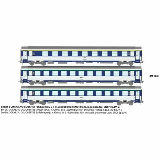 [REJM033] Set de 3 voitures couchettes Corail VU (A9c9x / 2 x B10c10x) bleu TEN et blanc, logo encadré - Ree Modèles JM033 - HO 1/87 - SNCF - Ep IV - 2R