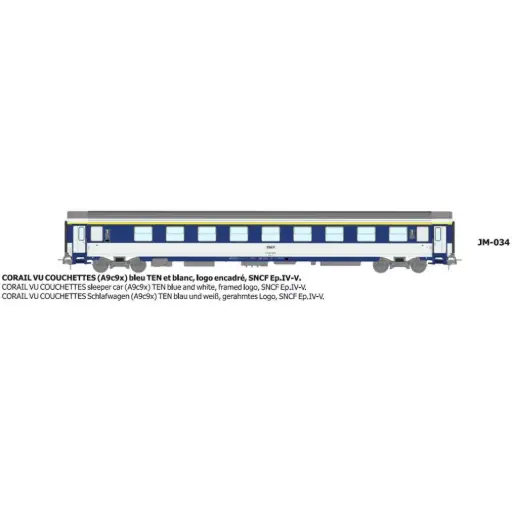 [REJM034] Voiture couchettes Corail VU A9c9x bleu TEN et blanc, logo encadré - Ree Modèles JM034 - HO 1/87 - SNCF - Ep IV-V - 2R