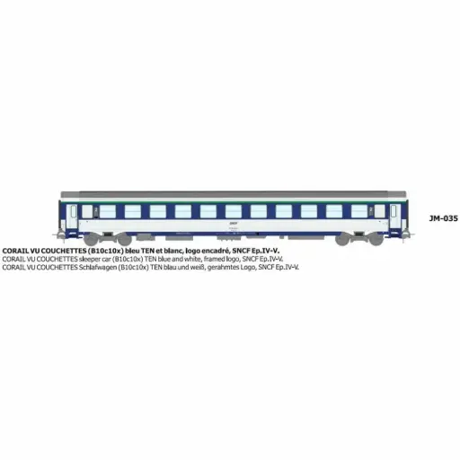 [REJM035] Voiture couchettes Corail VU B10c10x bleu TEN et blanc, logo encadré - Ree Modèles JM035 - HO 1/87 - SNCF - Ep IV-V - 2R