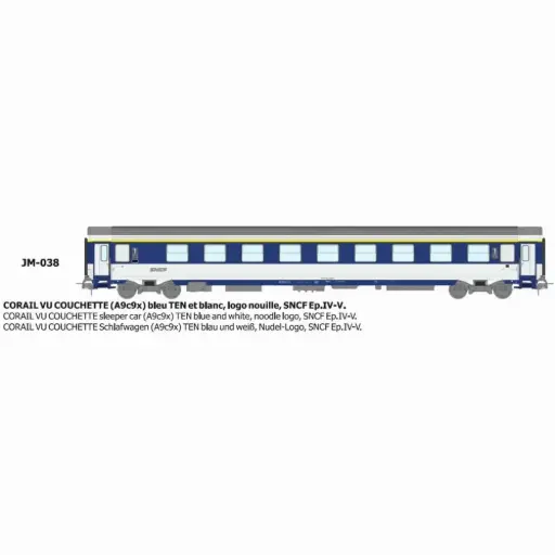 [REJM038] Voiture couchette Corail VU A9c9x bleu TEN et blanc, logo nouille - Ree Modèles JM038 - HO 1/87 - SNCF - Ep IV-V - 2R