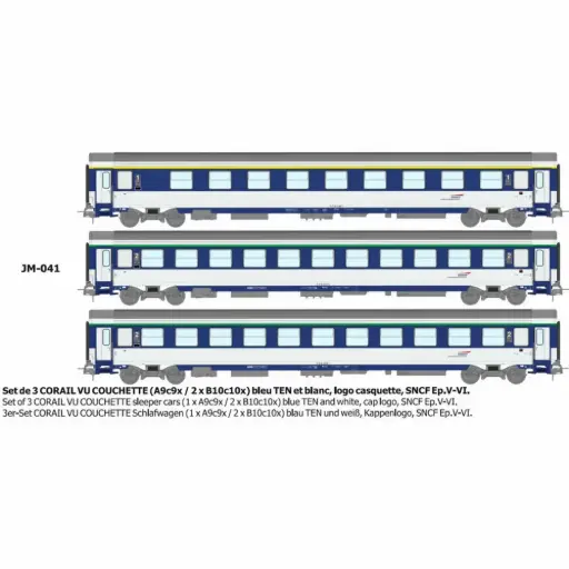 [REJM041] Set de 3 voitures couchettes Corail VU (A9c9x / 2 x B10c10x) bleu TEN et blanc, logo casquette - Ree Modèles JM041 - HO 1/87 - SNCF - Ep V-VI - 2R