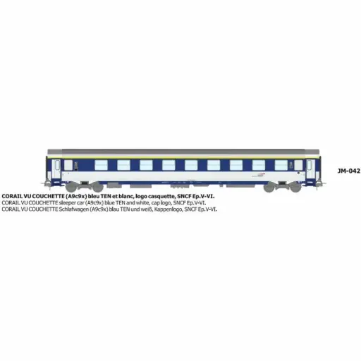 [REJM042] Voiture couchette Corail VU A9c9x bleu TEN et blanc, logo casquette - Ree Modèles JM042 - HO 1/87 - SNCF - Ep V-VI - 2R