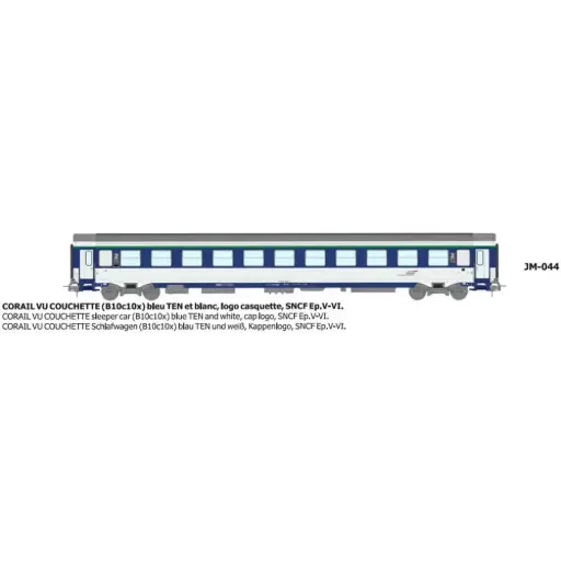 [REJM044] Voiture couchette Corail VU B10c10x bleu TEN et blanc, logo casquette - Ree Modèles JM044 - HO 1/87 - SNCF - Ep V-VI - 2R