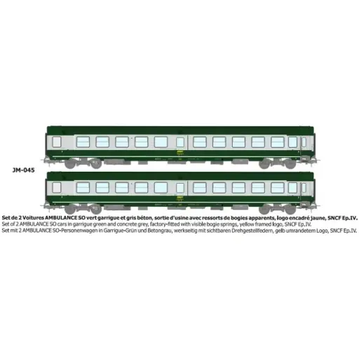 [REJM045] Set de 2 voitures AMBULANCE vert/gris logo encadré jaune - Ree Modèles JM045 - HO 1/87 - SNCF - Ep IV - 2R
